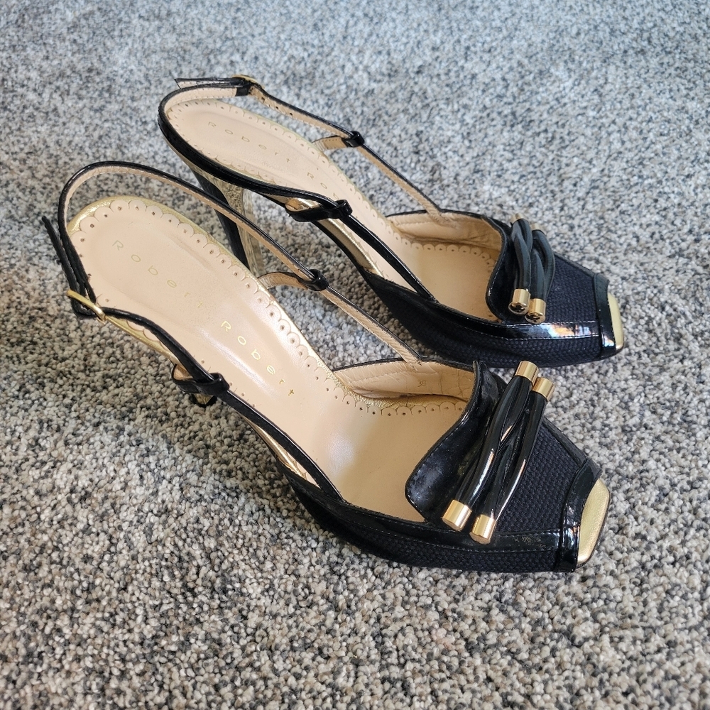 Robert Robert Black and Gold Slingback Leather  Peep Toe Heels Sz 7 US Euro 38